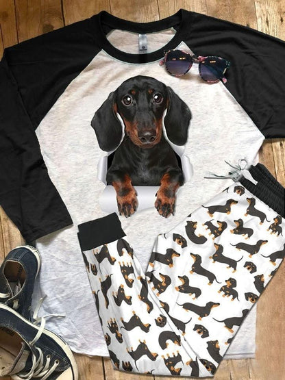 Dachshund Black Scratch Best Pajama Set |Sleepwear Pjs Sets | Raglan Shirt Pants Set