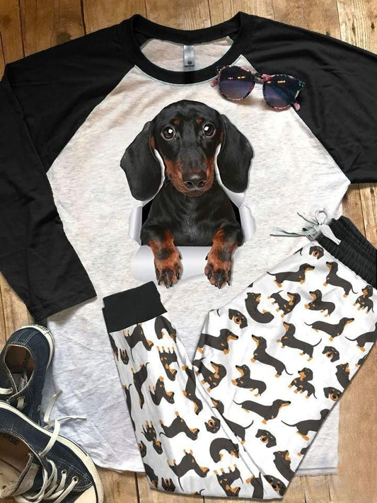 Dachshund Black Scratch Best Pajama Set |Sleepwear Pjs Sets | Raglan Shirt Pants Set