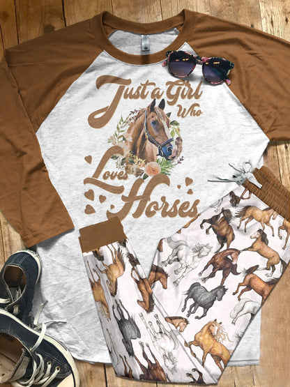 Horse Brown High Quality Pajama Set |Sleepwear Pjs Sets | Raglan Shirt Pants Set