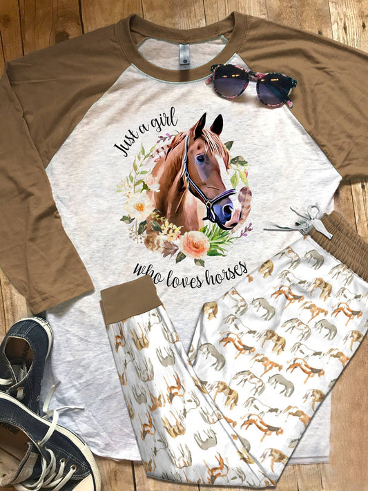 Horse Just A Girl Khaki Awesome Pajama Set |Sleepwear Pjs Sets | Raglan Shirt Pants Set