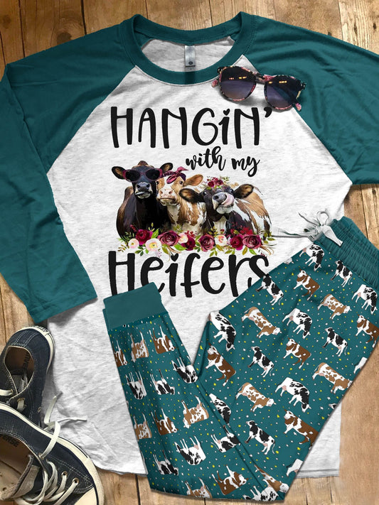 Cow Set Hangin' With My Heifers Pajama Set |Sleepwear Pjs Sets | Raglan Shirt Pants Set