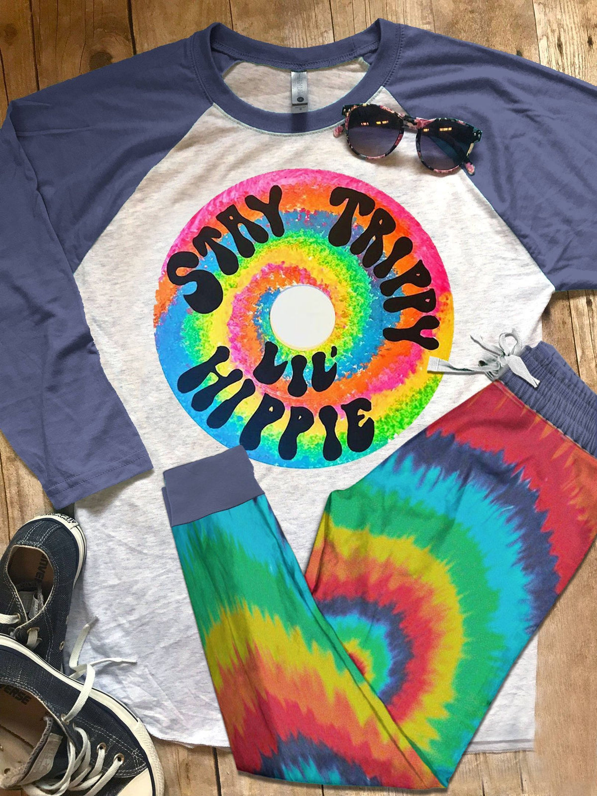 Hippie Pajama Stay Trippy Pajama Set |Sleepwear Pjs Sets | Raglan Shirt Pants Set