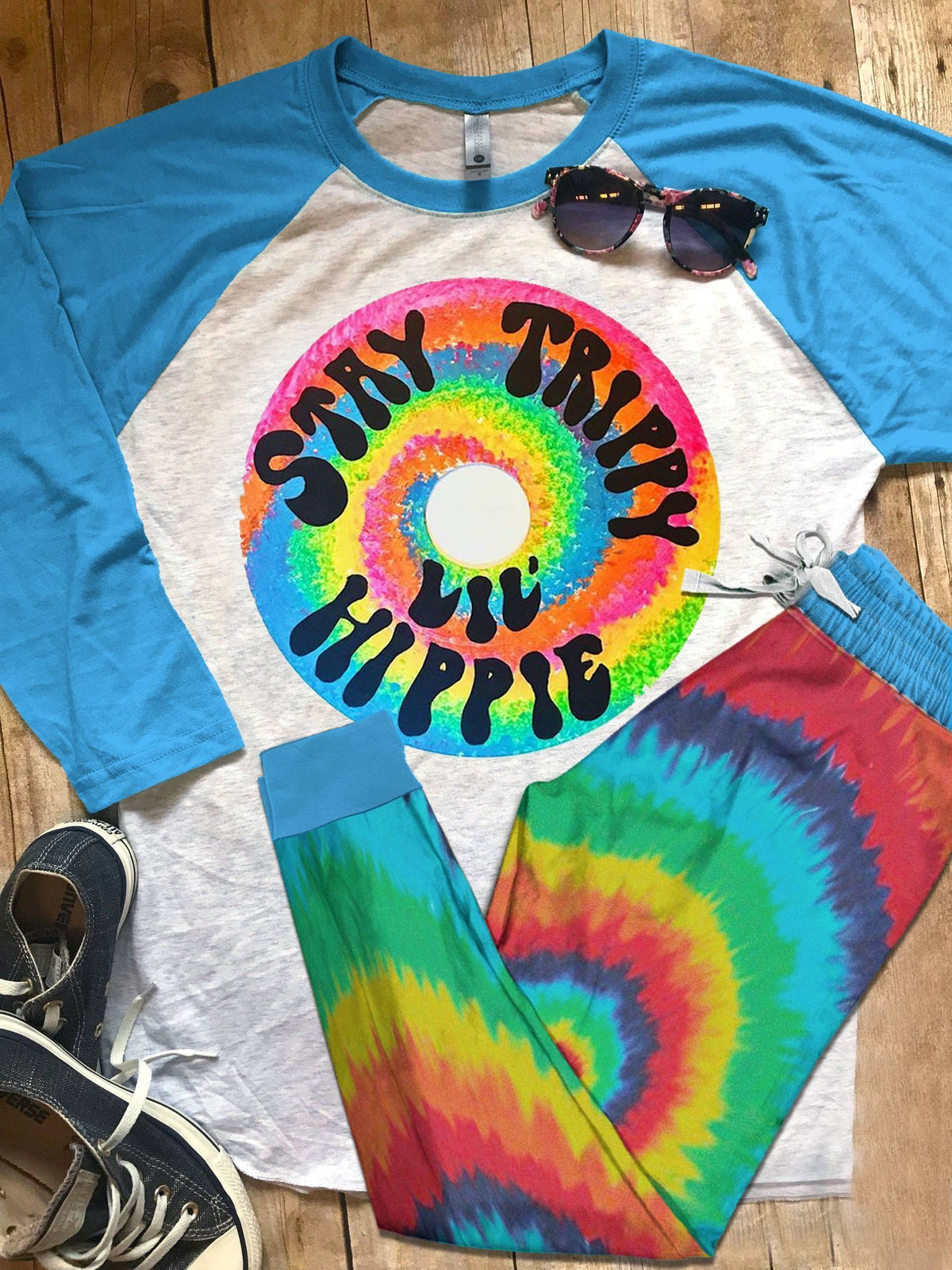 Hippie Pajama Stay Trippy Pajama Set |Sleepwear Pjs Sets | Raglan Shirt Pants Set