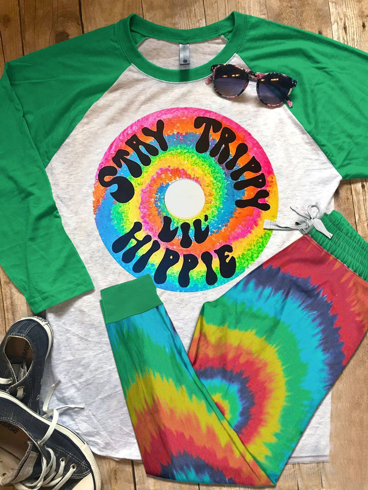 Hippie Pajama Stay Trippy Pajama Set |Sleepwear Pjs Sets | Raglan Shirt Pants Set
