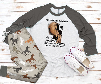 Horse Gray Unique Pajama Set |Sleepwear Pjs Sets | Raglan Shirt Pants Set