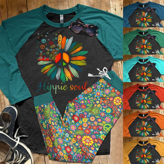Hippie Set Hippie Soul Pajama Set |Sleepwear Pjs Sets | Raglan Shirt Pants Set