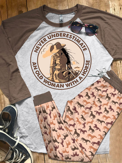 Horse Set An Old Woman Pajama Set |Sleepwear Pjs Sets | Raglan Shirt Pants Set