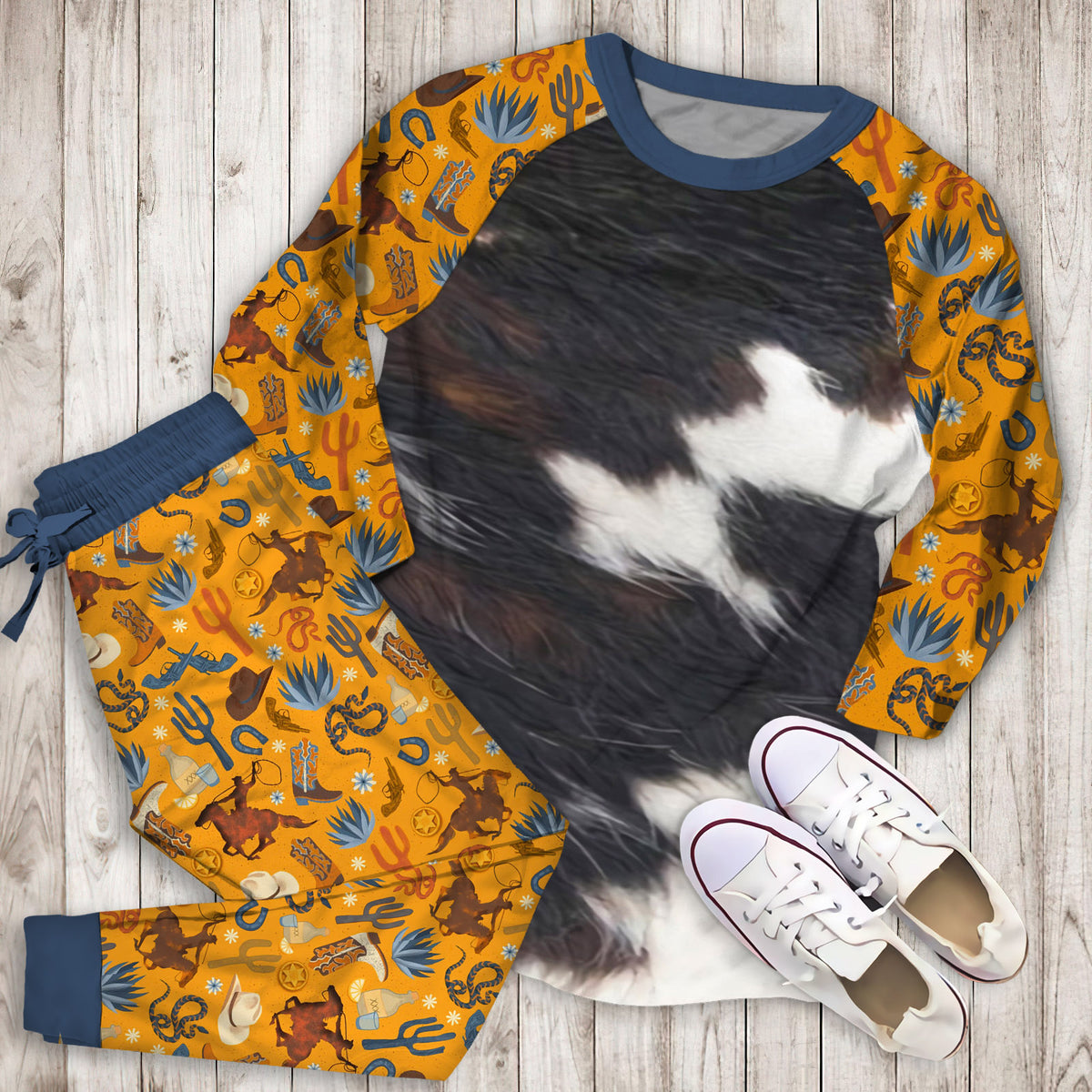 Cowhide Texture Pajama Set |Sleepwear Pjs Sets | Raglan Shirt Pants Set