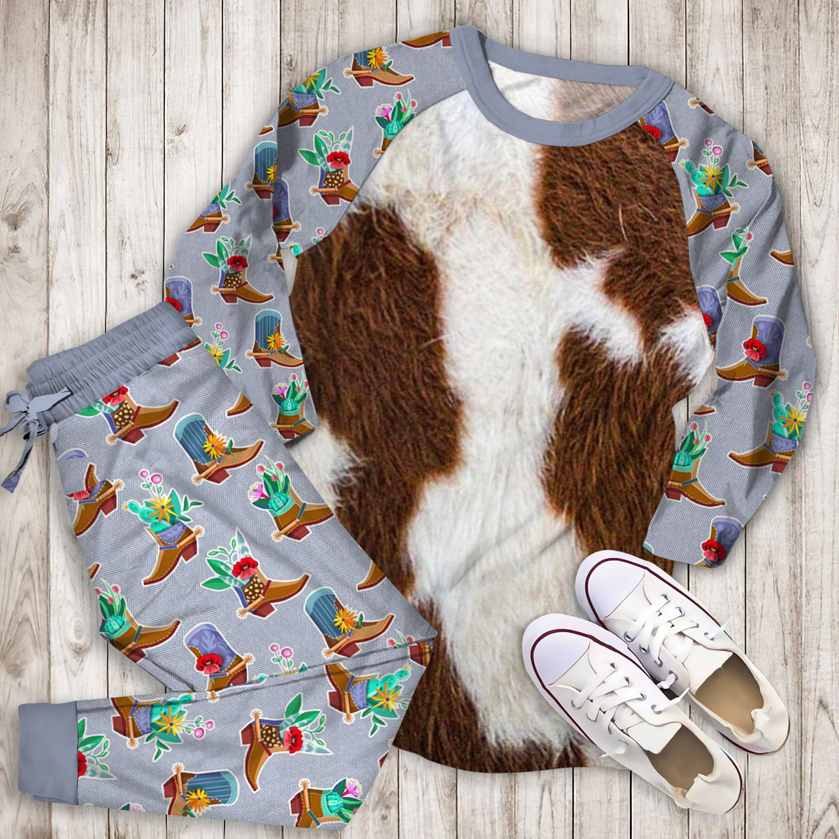 Cowhide Brown Spots Pajama Set |Sleepwear Pjs Sets | Raglan Shirt Pants Set