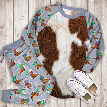 Cowhide Brown Spots Pajama Set |Sleepwear Pjs Sets | Raglan Shirt Pants Set
