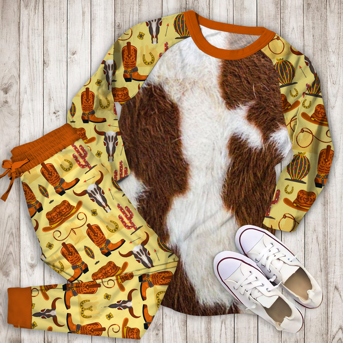 Cowhide Brown Spots Pajama Set |Sleepwear Pjs Sets | Raglan Shirt Pants Set