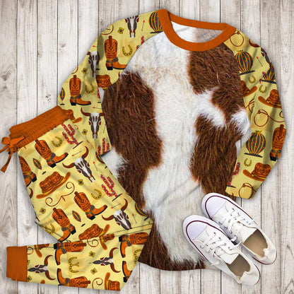 Cowhide Brown Spots Pajama Set |Sleepwear Pjs Sets | Raglan Shirt Pants Set