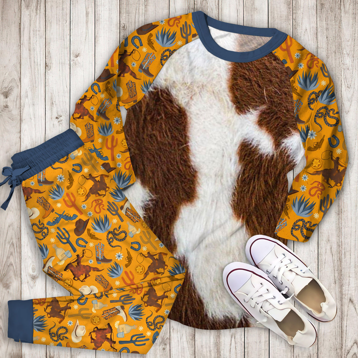 Cowhide Brown Spots Pajama Set |Sleepwear Pjs Sets | Raglan Shirt Pants Set