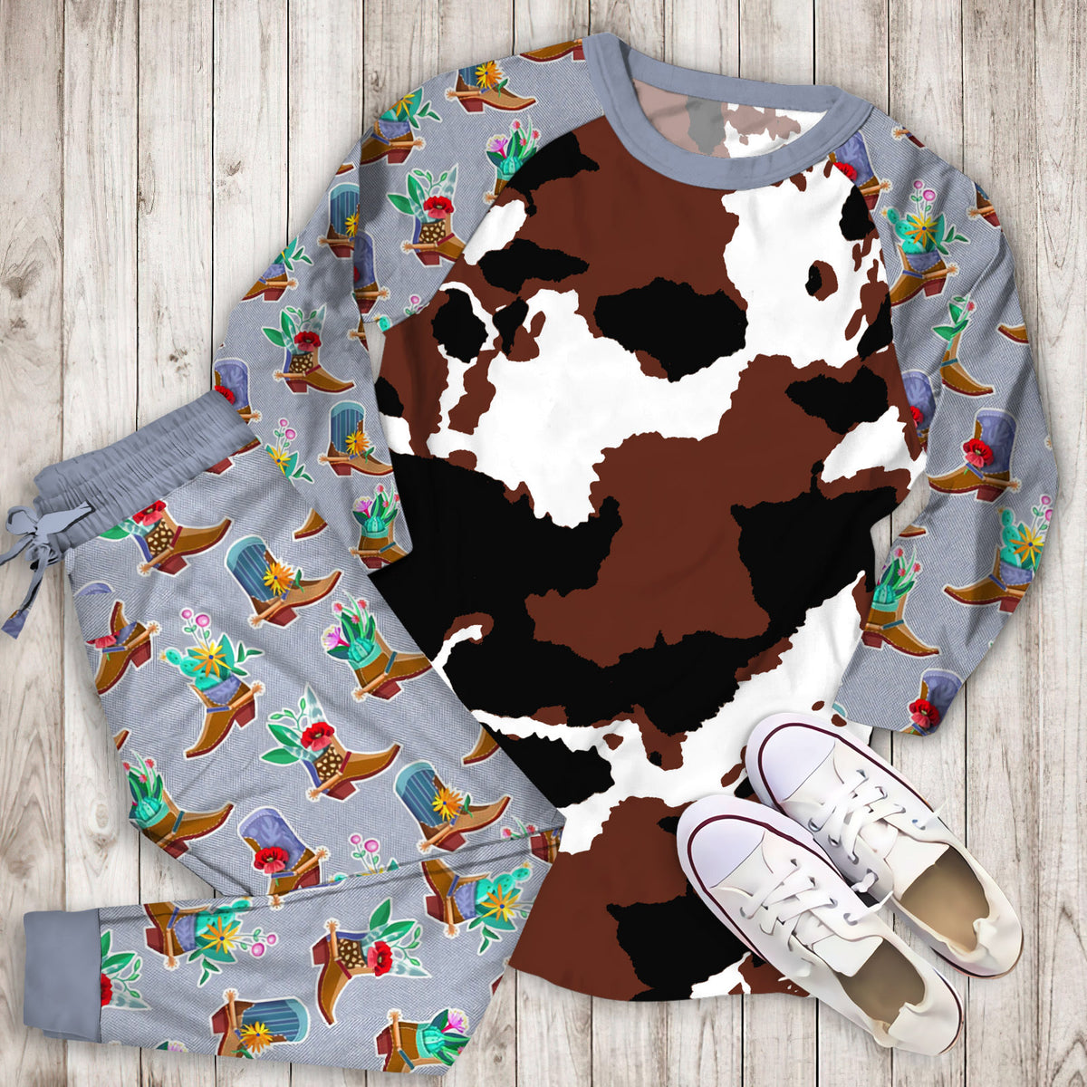 Cowhide Pajama Set |Sleepwear Pjs Sets | Raglan Shirt Pants Set