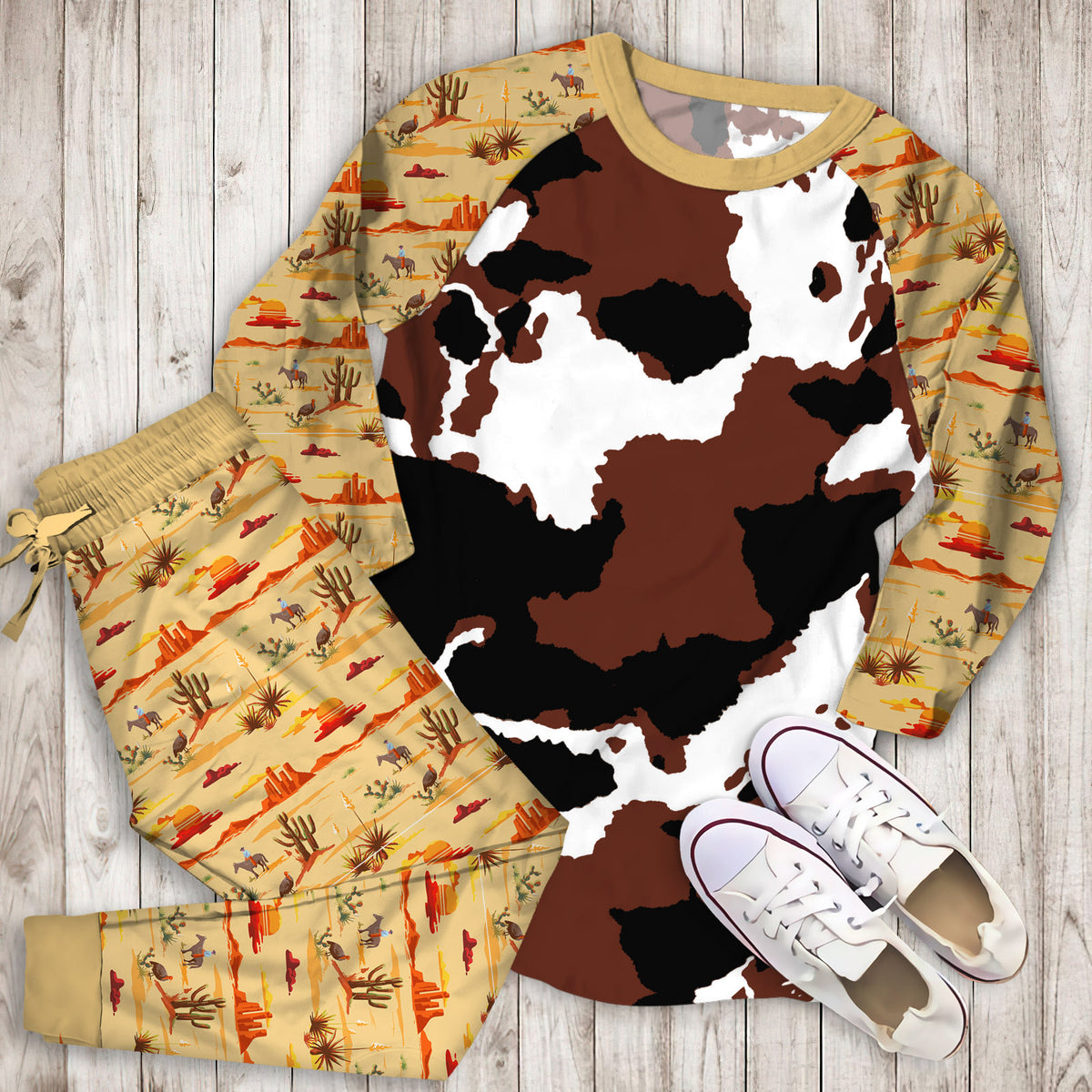 Cowhide Pajama Set |Sleepwear Pjs Sets | Raglan Shirt Pants Set
