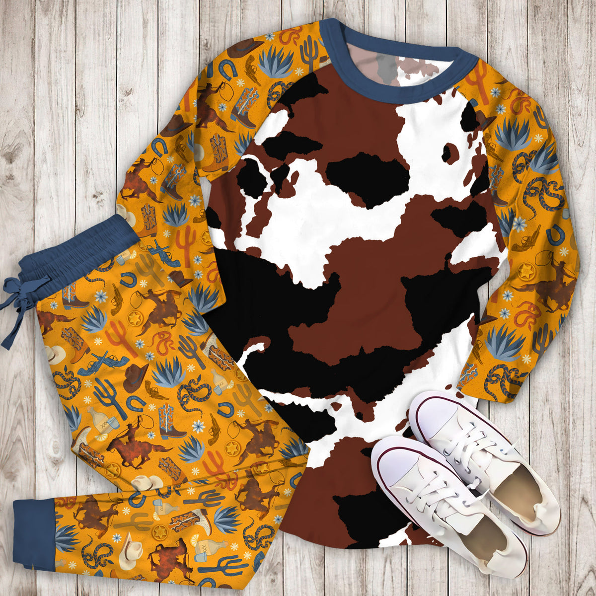 Cowhide Pajama Set |Sleepwear Pjs Sets | Raglan Shirt Pants Set