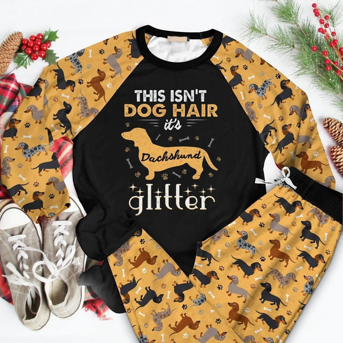 Dachshund Dachshund Glitter Aau Pajama Set |Sleepwear Pjs Sets | Raglan Shirt Pants Set