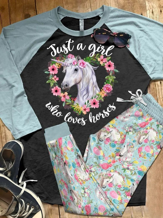 Horse Girl Abc Pajama Set |Sleepwear Pjs Sets | Raglan Shirt Pants Set
