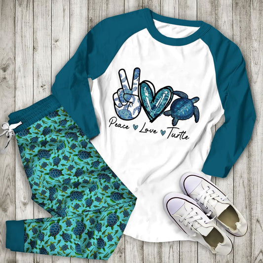 Sea Turtle Peace Love Sea Turtle Aaj Pajama Set |Sleepwear Pjs Sets | Raglan Shirt Pants Set