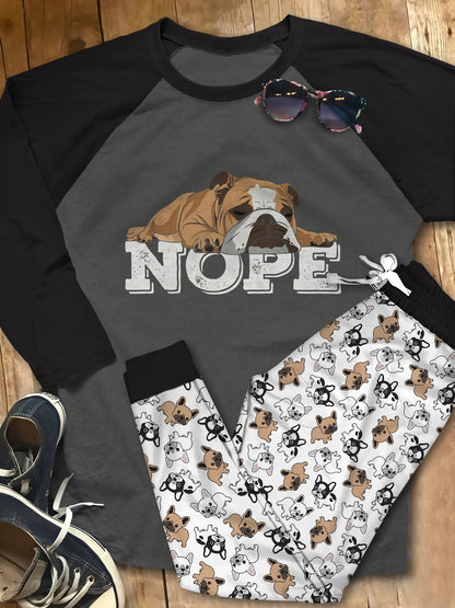 Bulldog Nope Pajama Set |Sleepwear Pjs Sets | Raglan Shirt Pants Set