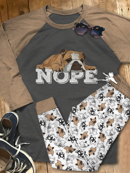 Bulldog Nope Pajama Set |Sleepwear Pjs Sets | Raglan Shirt Pants Set