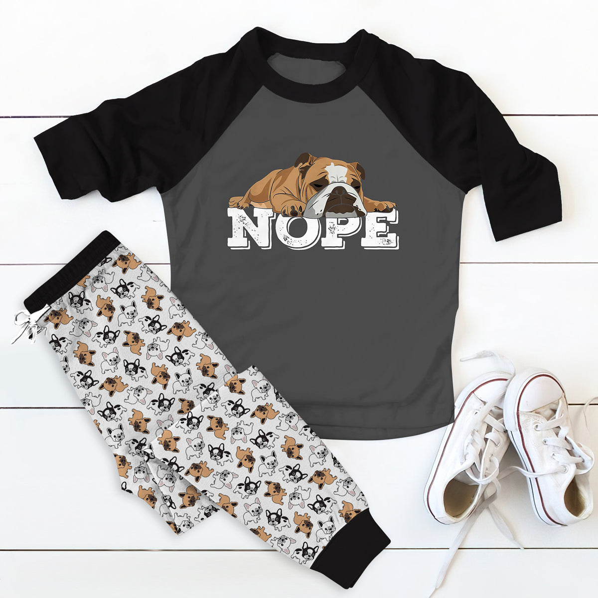 Bulldog Nope Pajama Set |Sleepwear Pjs Sets | Raglan Shirt Pants Set