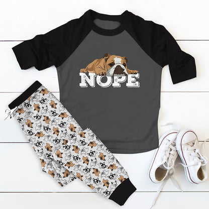 Bulldog Nope Pajama Set |Sleepwear Pjs Sets | Raglan Shirt Pants Set