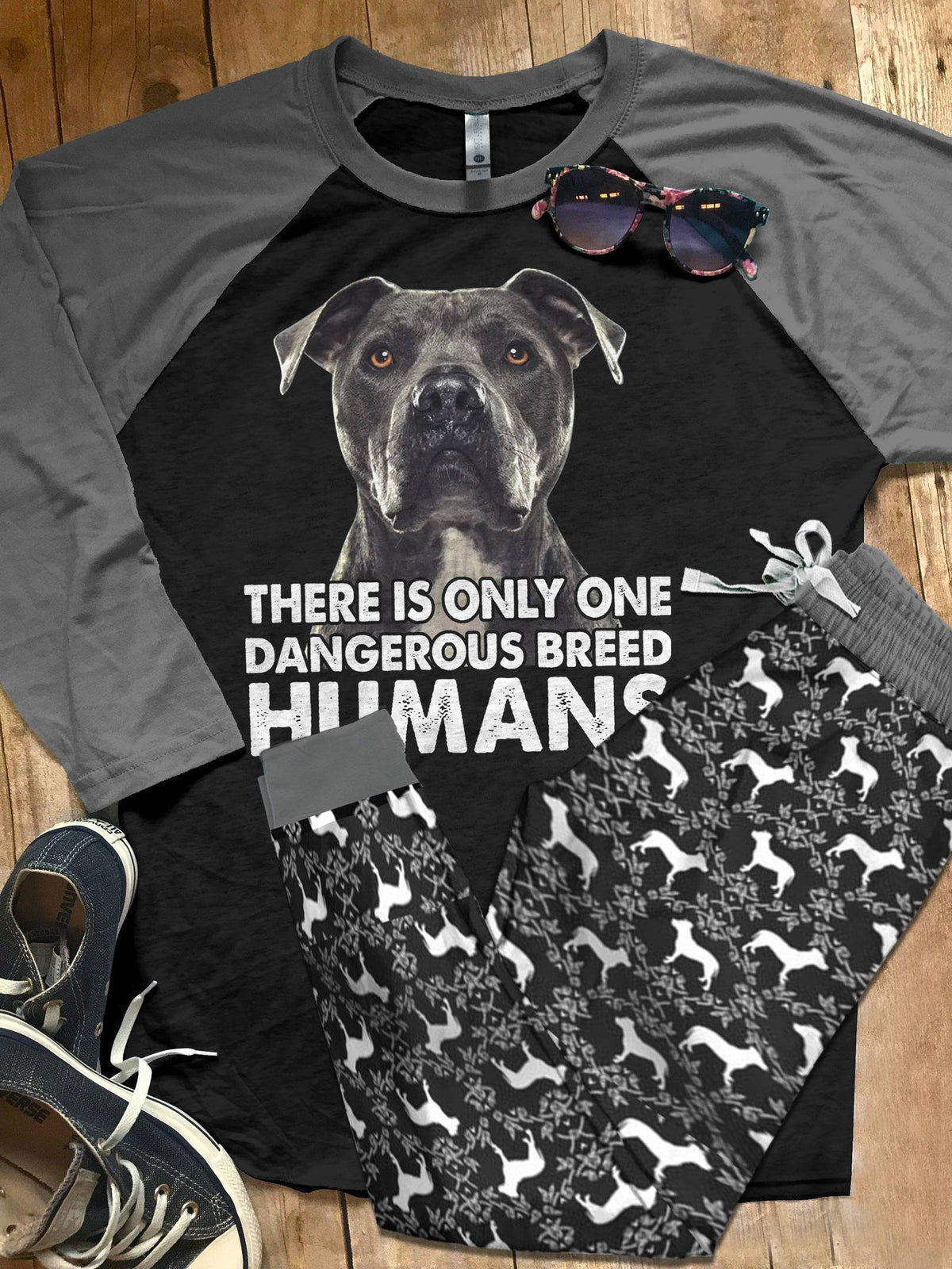 Bulldog Black Pajama Set |Sleepwear Pjs Sets | Raglan Shirt Pants Set