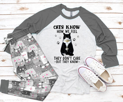 Cat Cat Know Pajama Set |Sleepwear Pjs Sets | Raglan Shirt Pants Set
