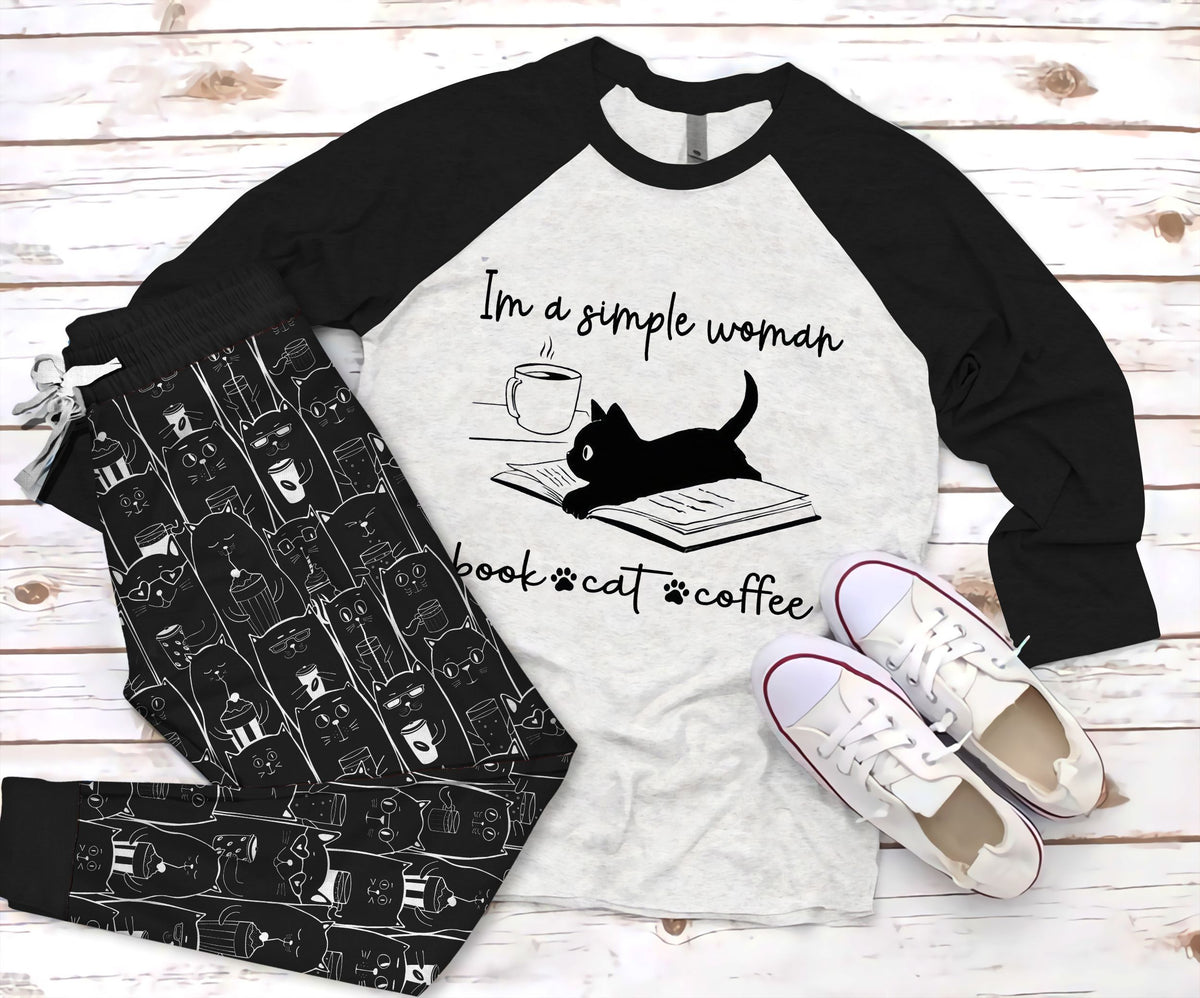 Black Cat So Cute Pajama Set |Sleepwear Pjs Sets | Raglan Shirt Pants Set