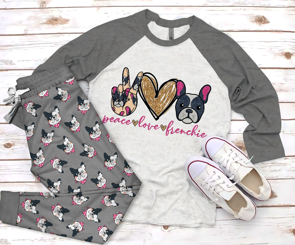 French Bulldog Peace Love Pajama Set |Sleepwear Pjs Sets | Raglan Shirt Pants Set