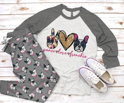 French Bulldog Peace Love Pajama Set |Sleepwear Pjs Sets | Raglan Shirt Pants Set