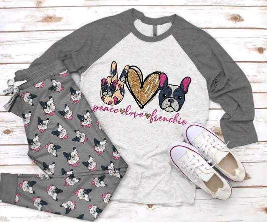 French Bulldog Peace Love Pajama Set |Sleepwear Pjs Sets | Raglan Shirt Pants Set