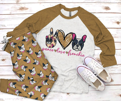 French Bulldog Peace Love Pajama Set |Sleepwear Pjs Sets | Raglan Shirt Pants Set