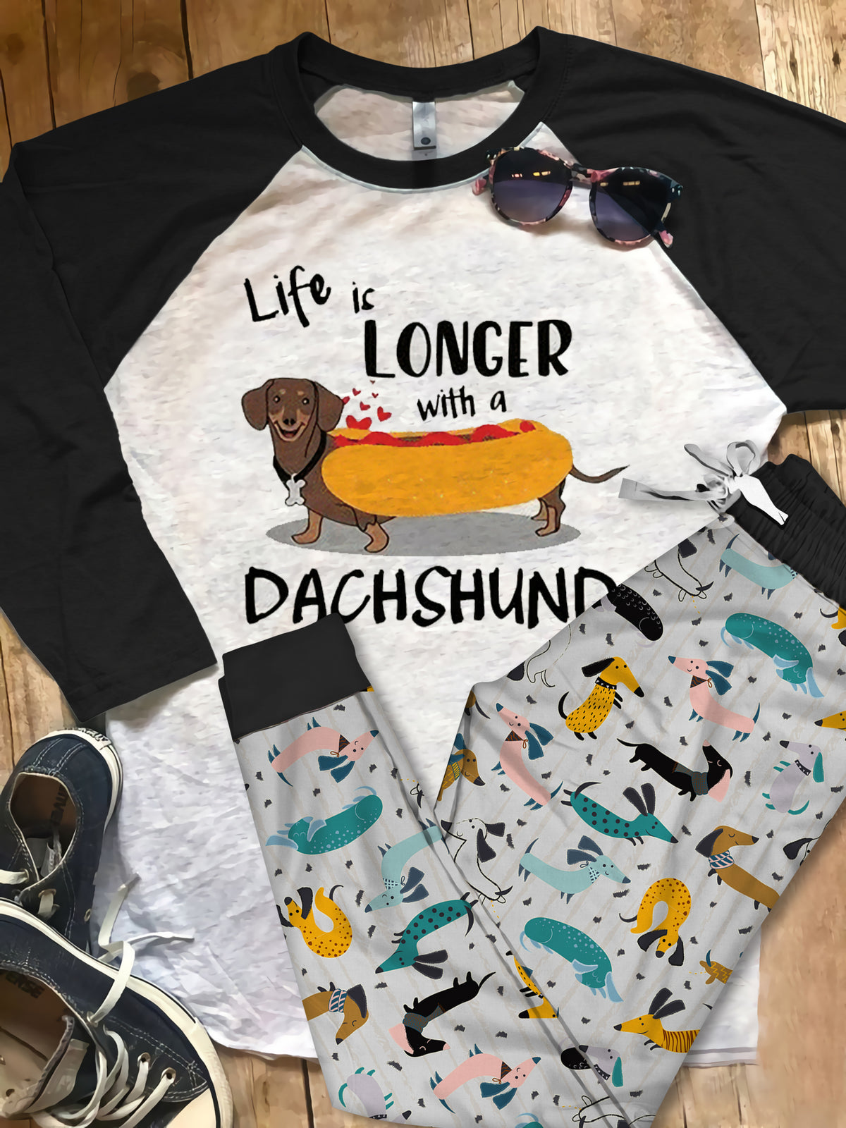 Dachshund Life Is Longer With A Dachshund Pajama Set |Sleepwear Pjs Sets | Raglan Shirt Pants Set