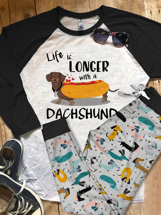Dachshund Life Is Longer With A Dachshund Pajama Set |Sleepwear Pjs Sets | Raglan Shirt Pants Set