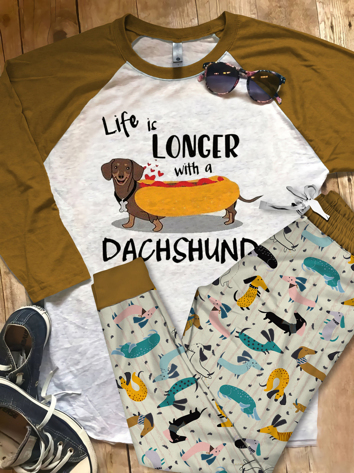 Dachshund Life Is Longer With A Dachshund Pajama Set |Sleepwear Pjs Sets | Raglan Shirt Pants Set
