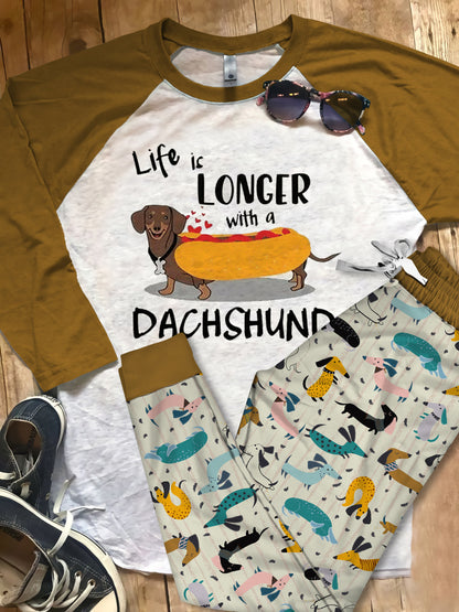 Dachshund Life Is Longer With A Dachshund Pajama Set |Sleepwear Pjs Sets | Raglan Shirt Pants Set