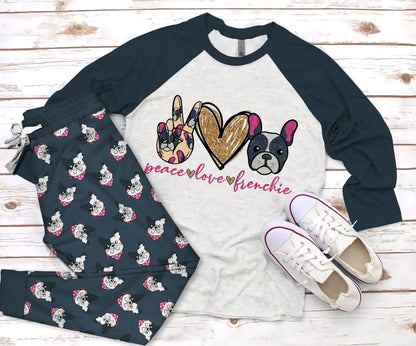 French Bulldog Peace Love Pajama Set |Sleepwear Pjs Sets | Raglan Shirt Pants Set