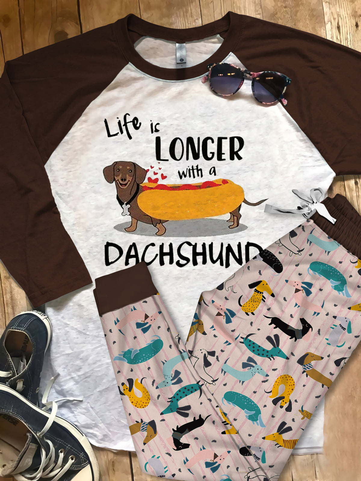 Dachshund Life Is Longer With A Dachshund Pajama Set |Sleepwear Pjs Sets | Raglan Shirt Pants Set