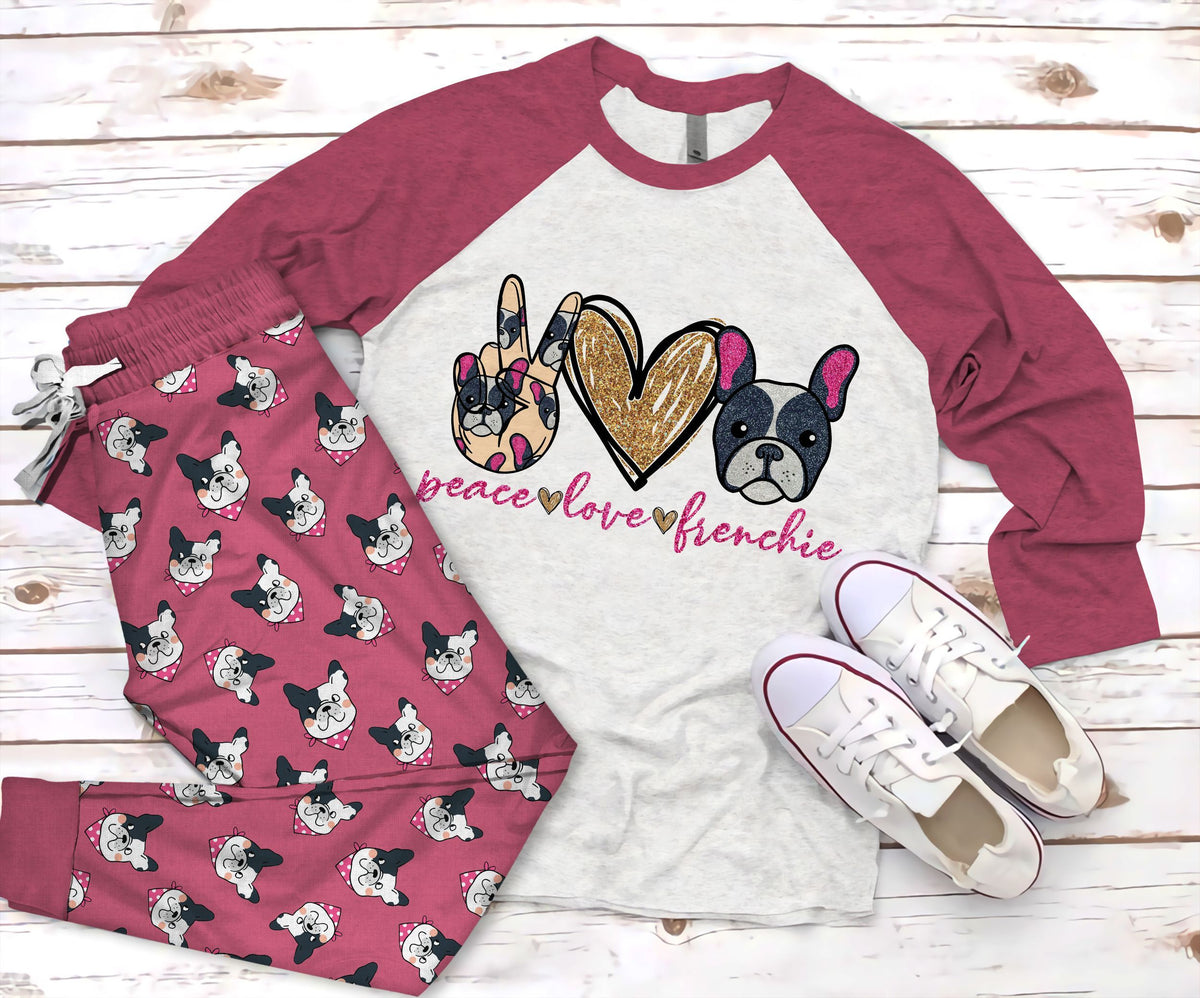 French Bulldog Peace Love Pajama Set |Sleepwear Pjs Sets | Raglan Shirt Pants Set