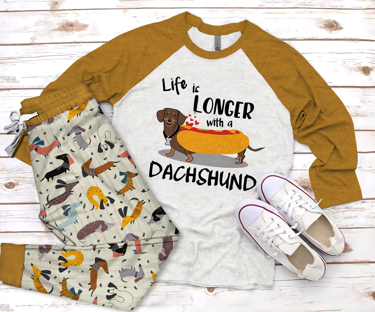 Dachshund Life Is Longer With A Dachshund Pajama Set |Sleepwear Pjs Sets | Raglan Shirt Pants Set