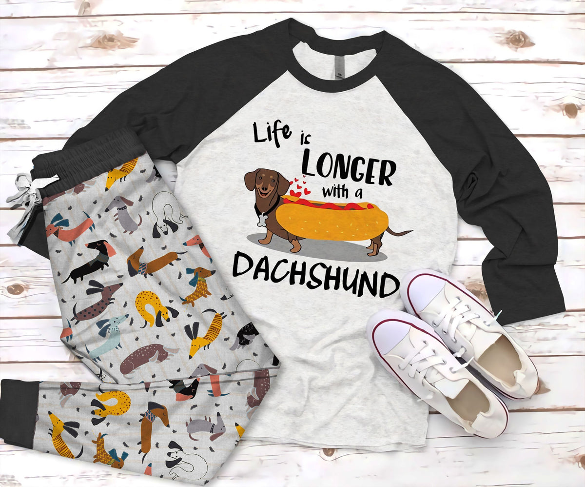 Dachshund Life Is Longer With A Dachshund Pajama Set |Sleepwear Pjs Sets | Raglan Shirt Pants Set