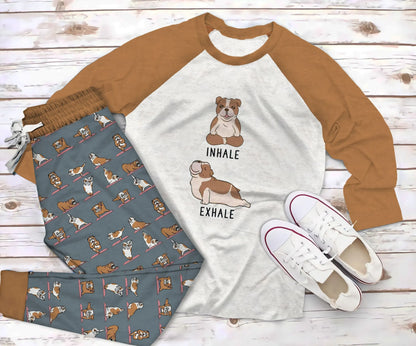 Bulldog Yoga Pajama Set |Sleepwear Pjs Sets | Raglan Shirt Pants Set