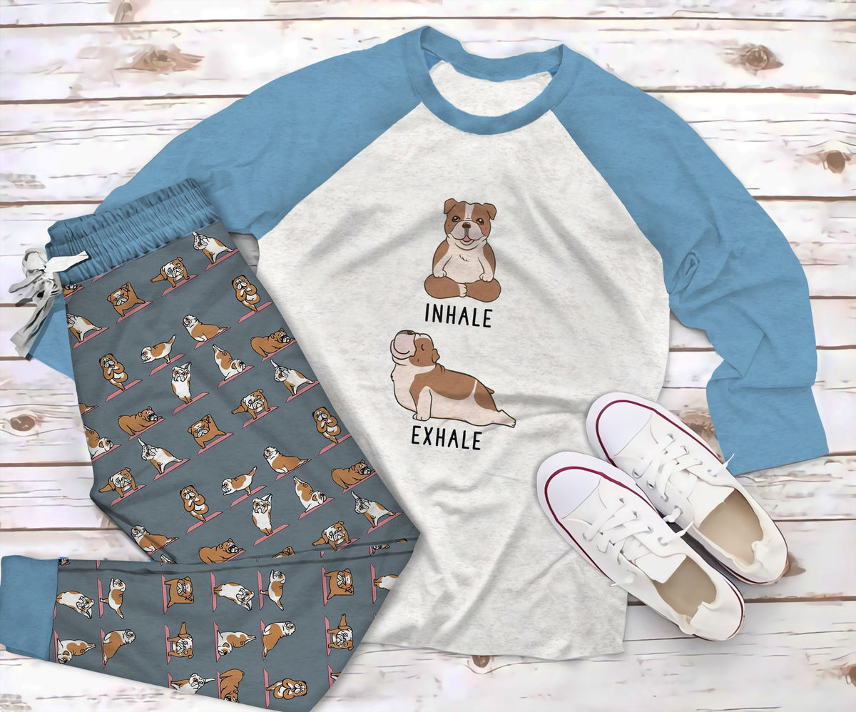 Bulldog Yoga Pajama Set |Sleepwear Pjs Sets | Raglan Shirt Pants Set