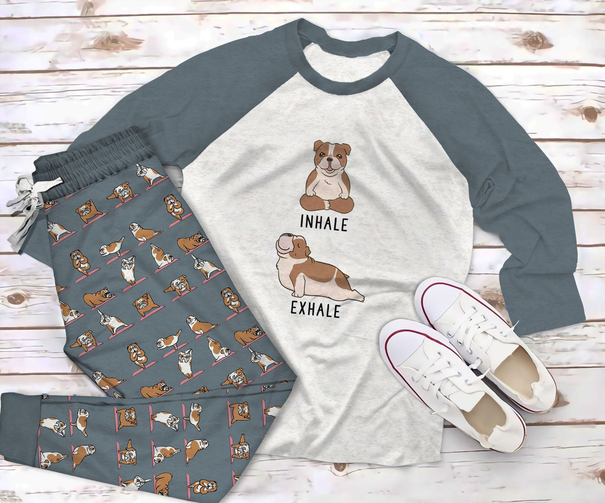 Bulldog Yoga Pajama Set |Sleepwear Pjs Sets | Raglan Shirt Pants Set