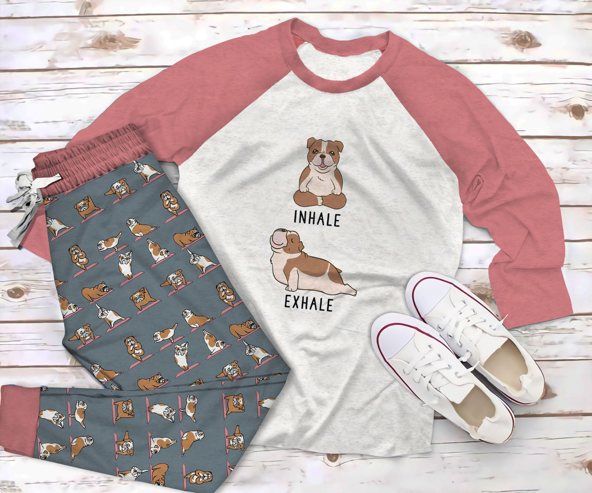 Bulldog Yoga Pajama Set |Sleepwear Pjs Sets | Raglan Shirt Pants Set