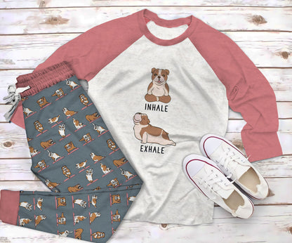 Bulldog Yoga Pajama Set |Sleepwear Pjs Sets | Raglan Shirt Pants Set