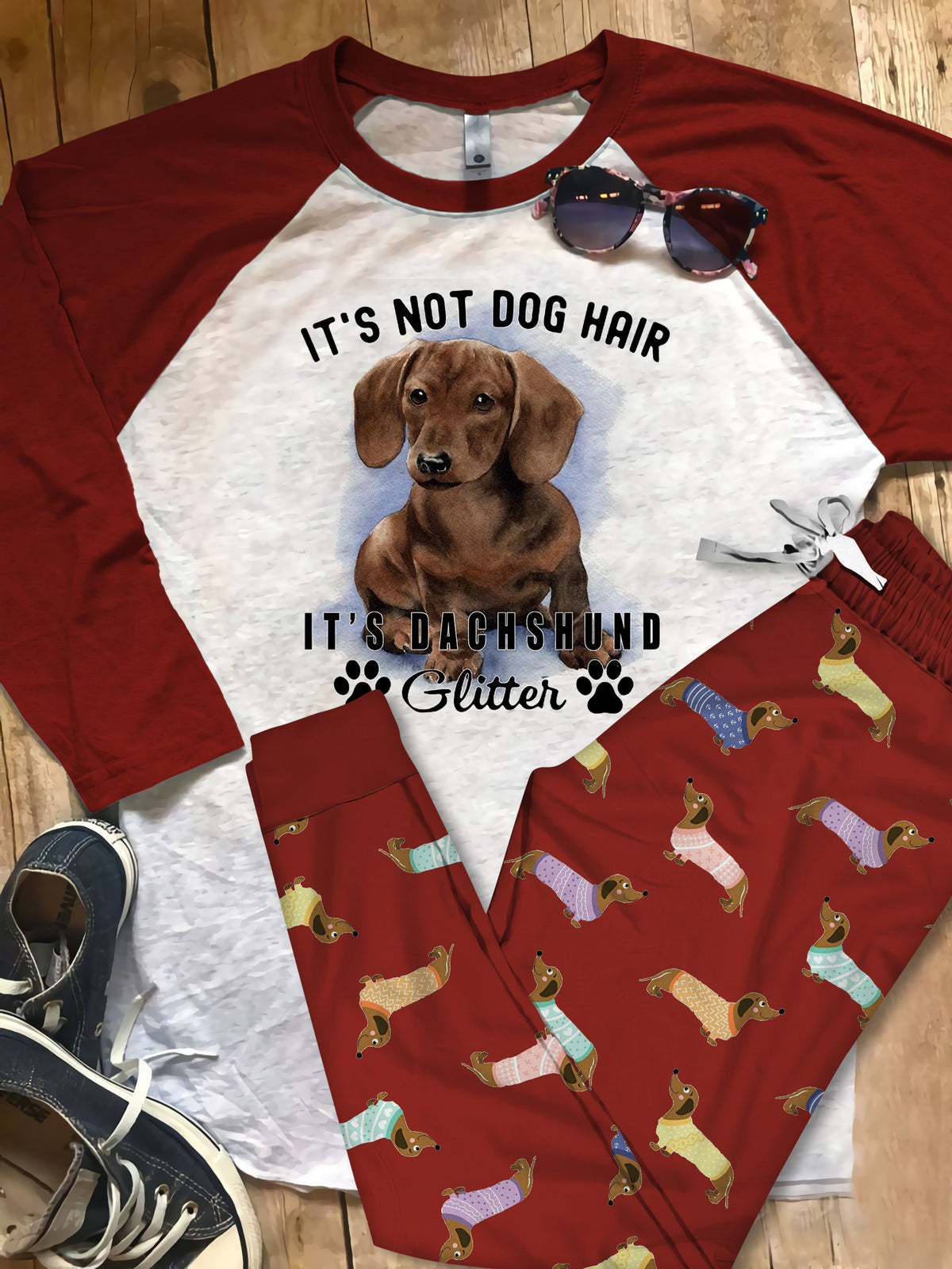 Dachshund Glitter Pajama Set |Sleepwear Pjs Sets | Raglan Shirt Pants Set