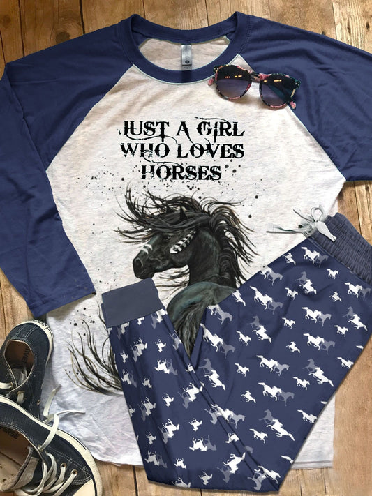 Horse Just A Girl Who Loves Horses Pajama Set |Sleepwear Pjs Sets | Raglan Shirt Pants Set